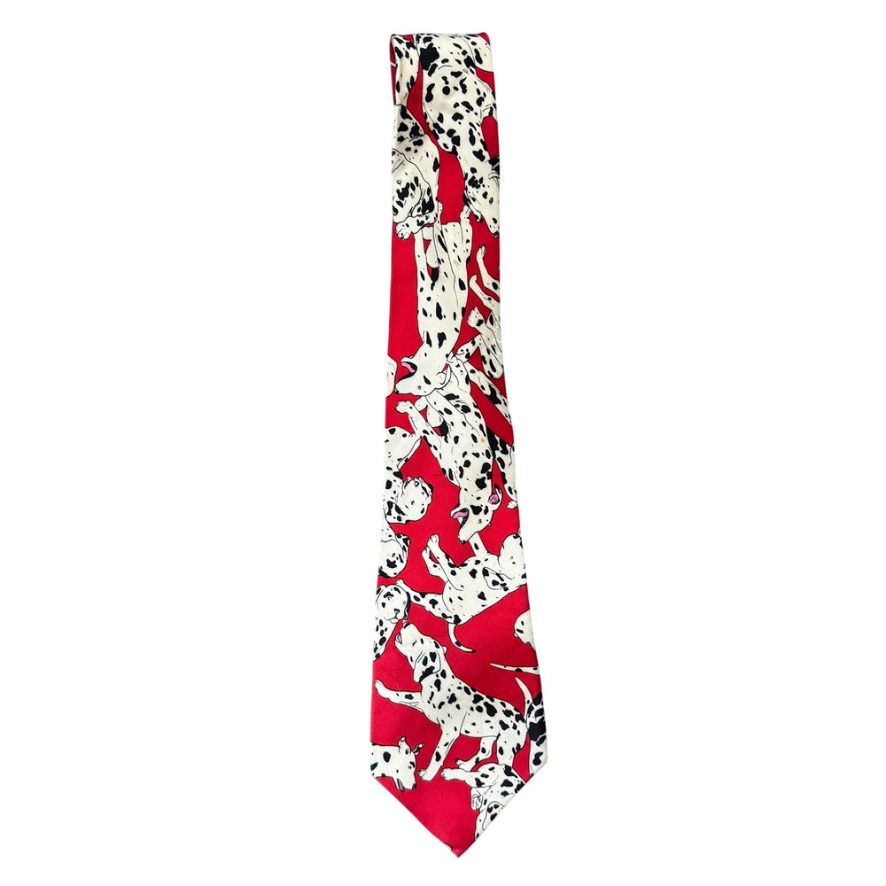 Vintage Nicole Miller 1992 Dalmatian Dog Silk Necktie Red Black White Novelty